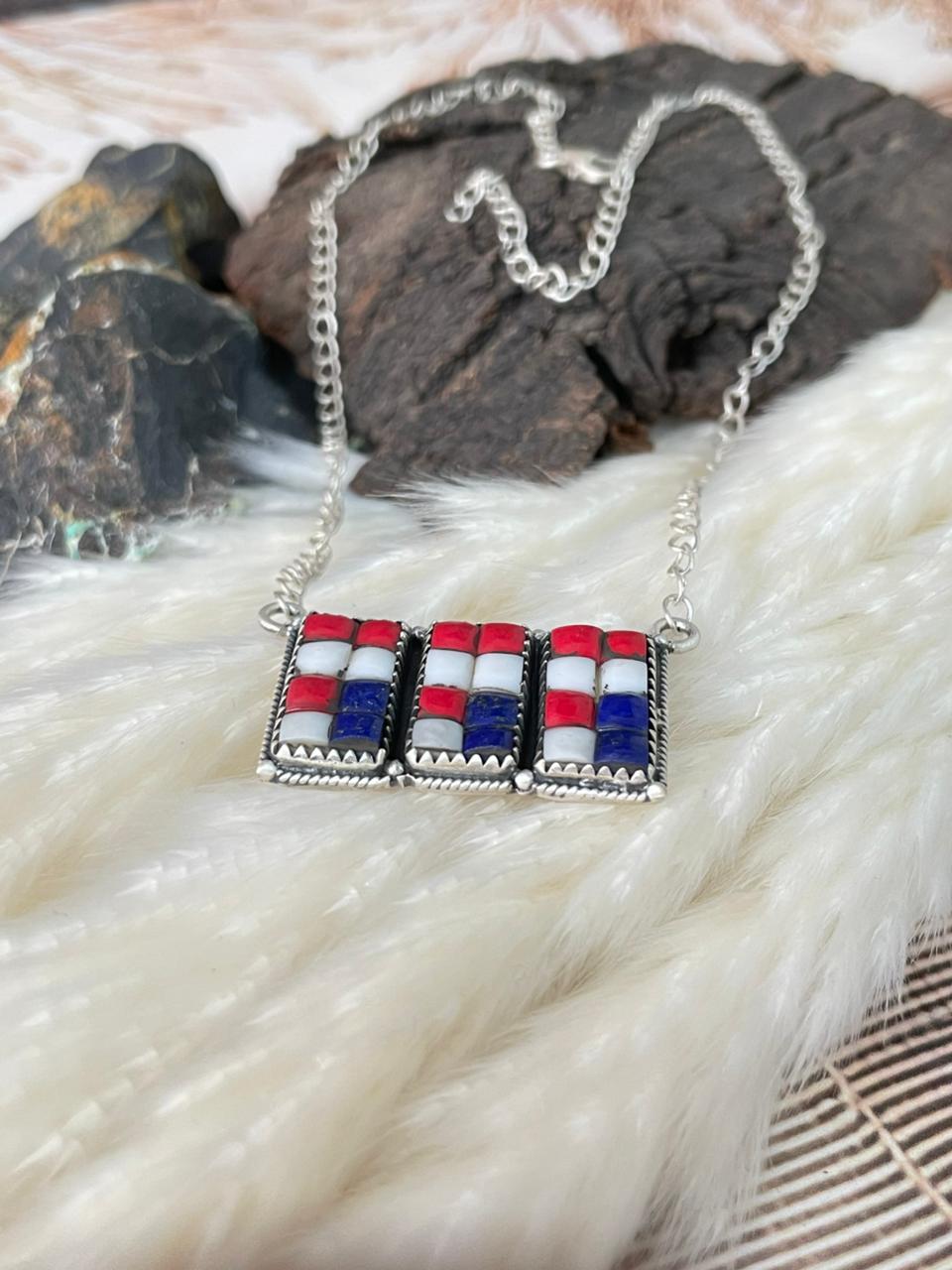 Handmade Sterling Silver 4th Of July Collection: Rosarita with Lapis and White Buffalo Bar Necklace "Signed Nizhoni"