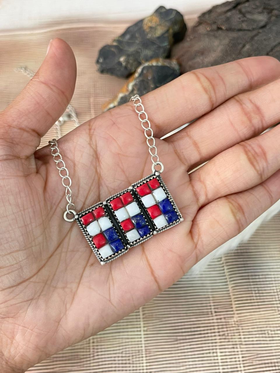 Handmade Sterling Silver 4th Of July Collection: Rosarita with Lapis and White Buffalo Bar Necklace "Signed Nizhoni"