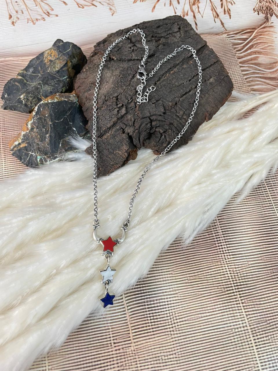 Handmade Sterling Silver 4th Of July Collection: Rosarita with Lapis and White Buffalo Star Necklace "Signed Nizhoni"