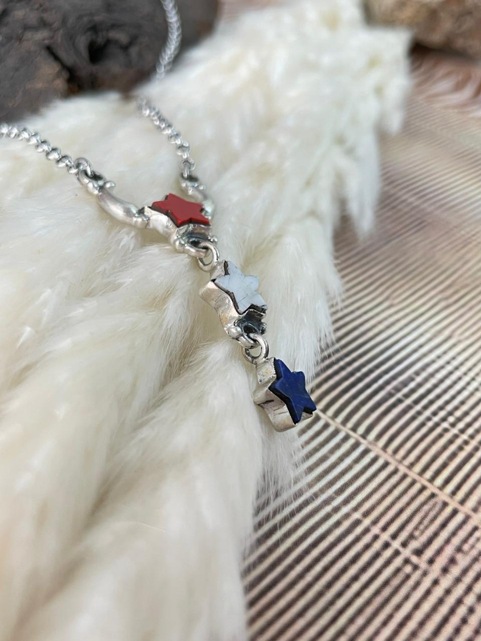 Handmade Sterling Silver 4th Of July Collection: Rosarita with Lapis and White Buffalo Star Necklace "Signed Nizhoni"