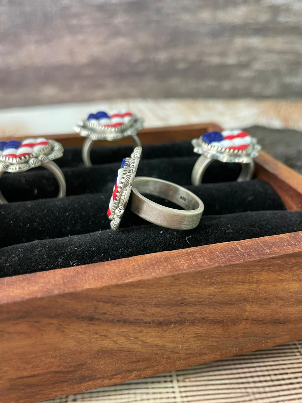 Handmade Sterling Silver 4th Of July Collection: Rosarita with Lapis and White Buffalo Heart Adjustable Ring "Signed Nizhoni"