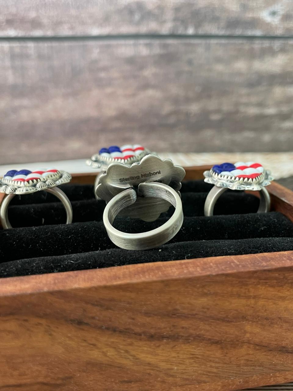 Handmade Sterling Silver 4th Of July Collection: Rosarita with Lapis and White Buffalo Heart Adjustable Ring "Signed Nizhoni"