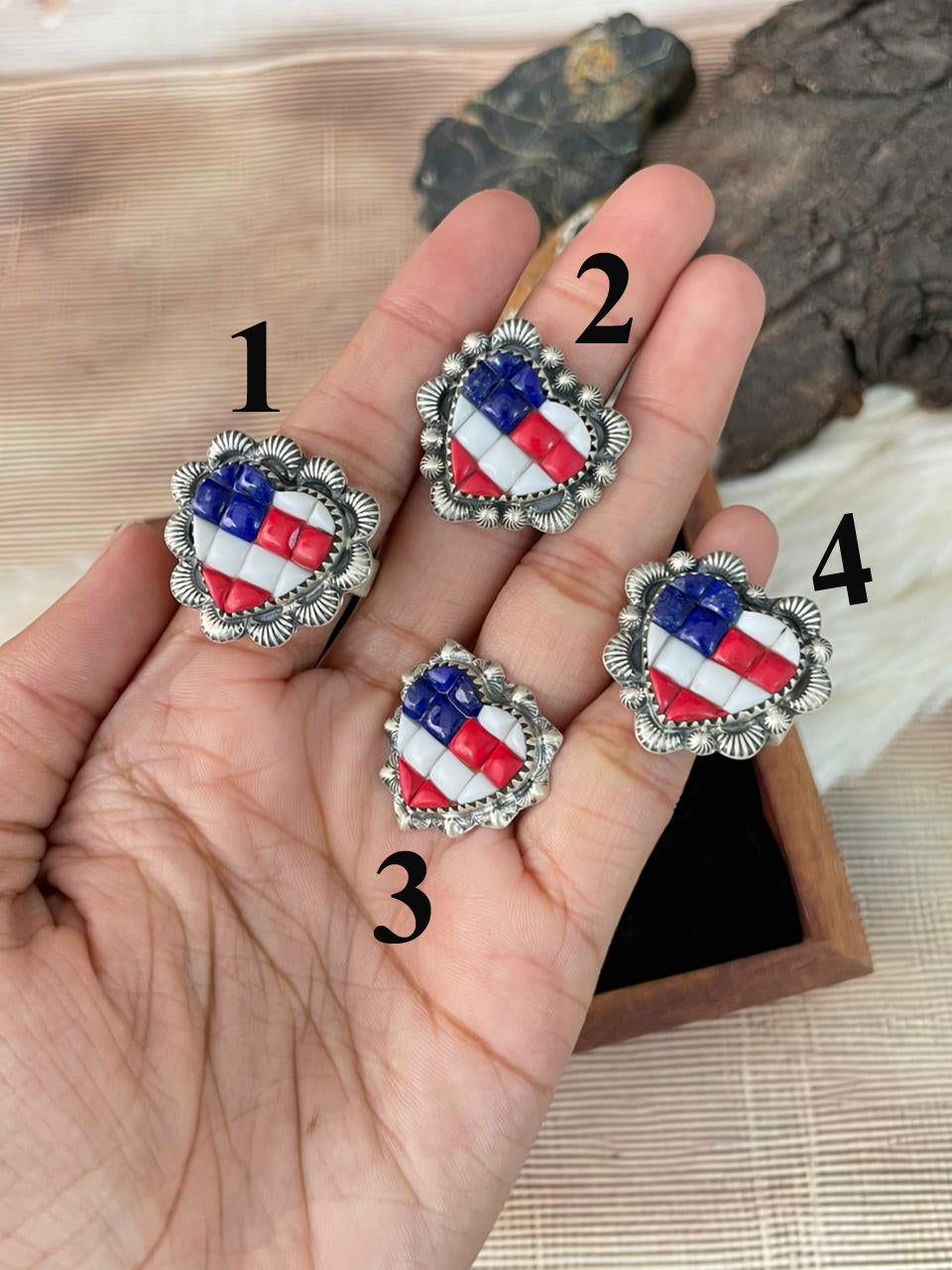 Handmade Sterling Silver 4th Of July Collection: Rosarita with Lapis and White Buffalo Heart Adjustable Ring "Signed Nizhoni"