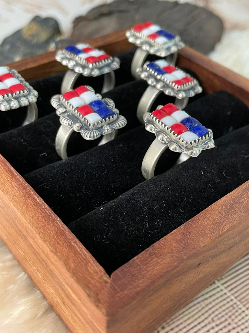 Handmade Sterling Silver 4th Of July Collection: Rosarita with Lapis and White Buffalo Bar Adjustable Ring "Signed Nizhoni"