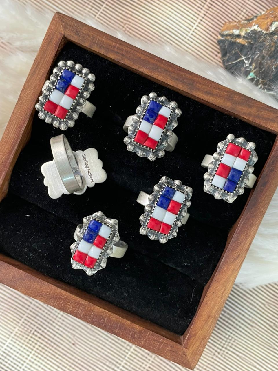 Handmade Sterling Silver 4th Of July Collection: Rosarita with Lapis and White Buffalo Bar Adjustable Ring "Signed Nizhoni"
