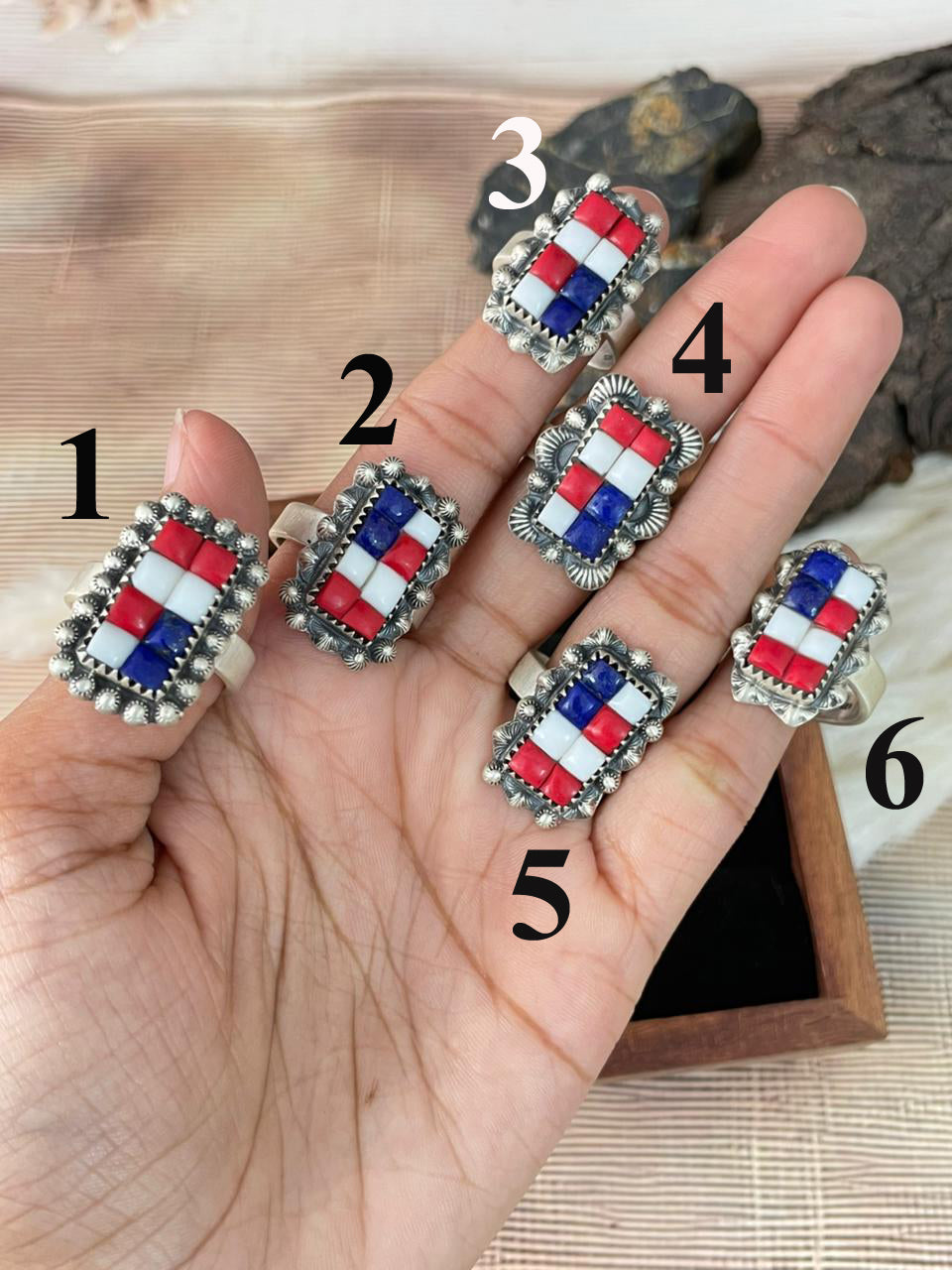 Handmade Sterling Silver 4th Of July Collection: Rosarita with Lapis and White Buffalo Bar Adjustable Ring "Signed Nizhoni"