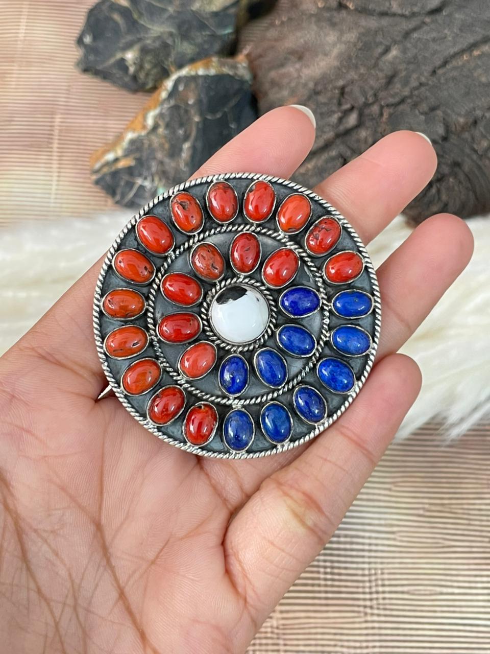 Handmade Sterling Silver 4th Of July Collection: Coral with Lapis and White Buffalo Adjustable Ring "Signed Nizhoni" (2)