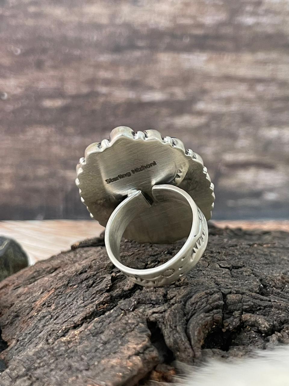 Handmade Sterling Silver 4th Of July Collection: Coral with Lapis and White Buffalo Adjustable Ring "Signed Nizhoni"