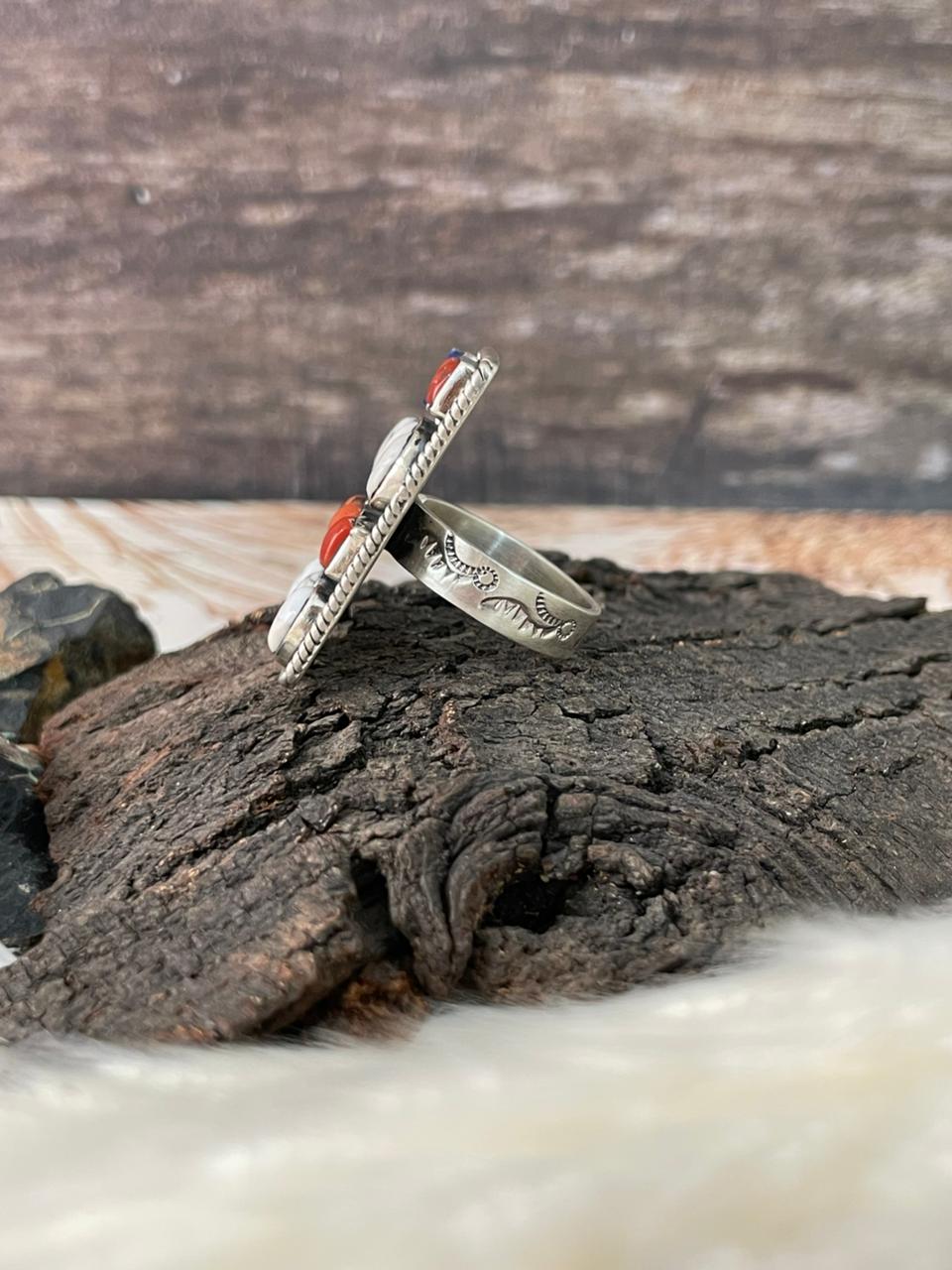 Handmade Sterling Silver 4th Of July Collection: Coral with Lapis and White Buffalo Adjustable Ring "Signed Nizhoni" (4)
