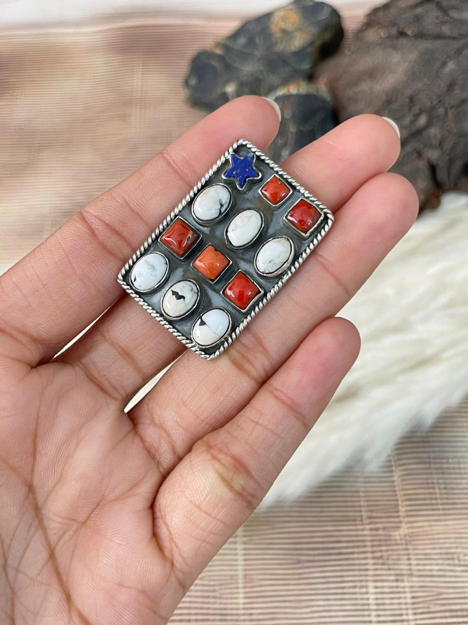 Handmade Sterling Silver 4th Of July Collection: Coral with Lapis and White Buffalo Adjustable Ring "Signed Nizhoni" (4)