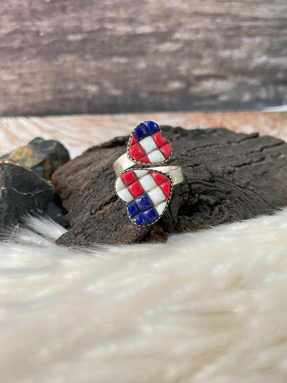 Handmade Sterling Silver 4th Of July Collection: Rosarita with Lapis and White Buffalo Heart Adjustable Ring "Signed Nizhoni"