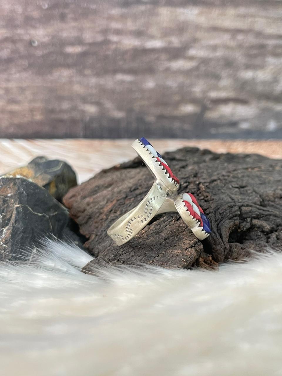 Handmade Sterling Silver 4th Of July Collection: Rosarita with Lapis and White Buffalo Heart Adjustable Ring "Signed Nizhoni"