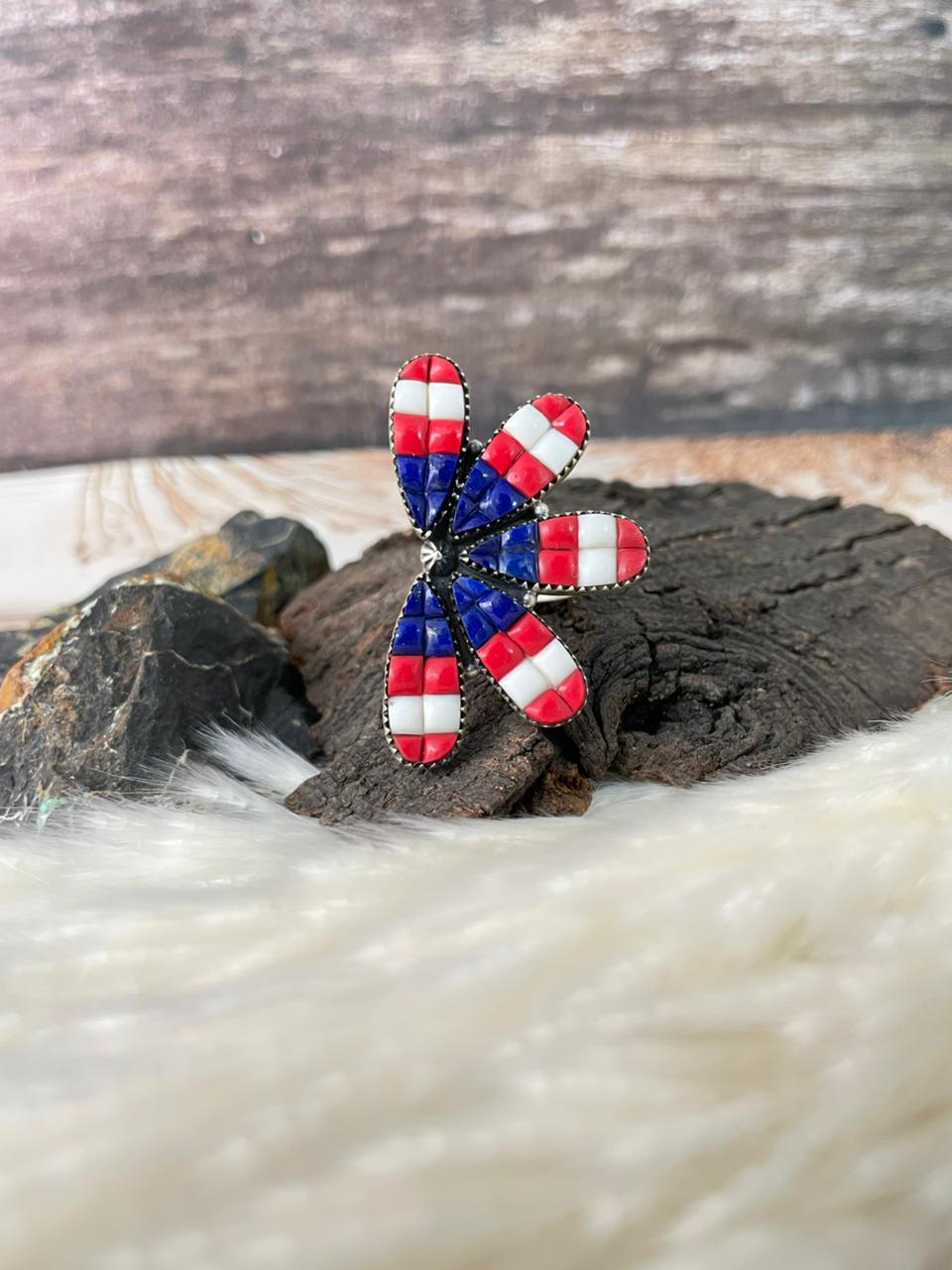 Handmade Sterling Silver 4th Of July Collection: Rosarita with Lapis and White Buffalo Adjustable Ring "Signed Nizhoni"