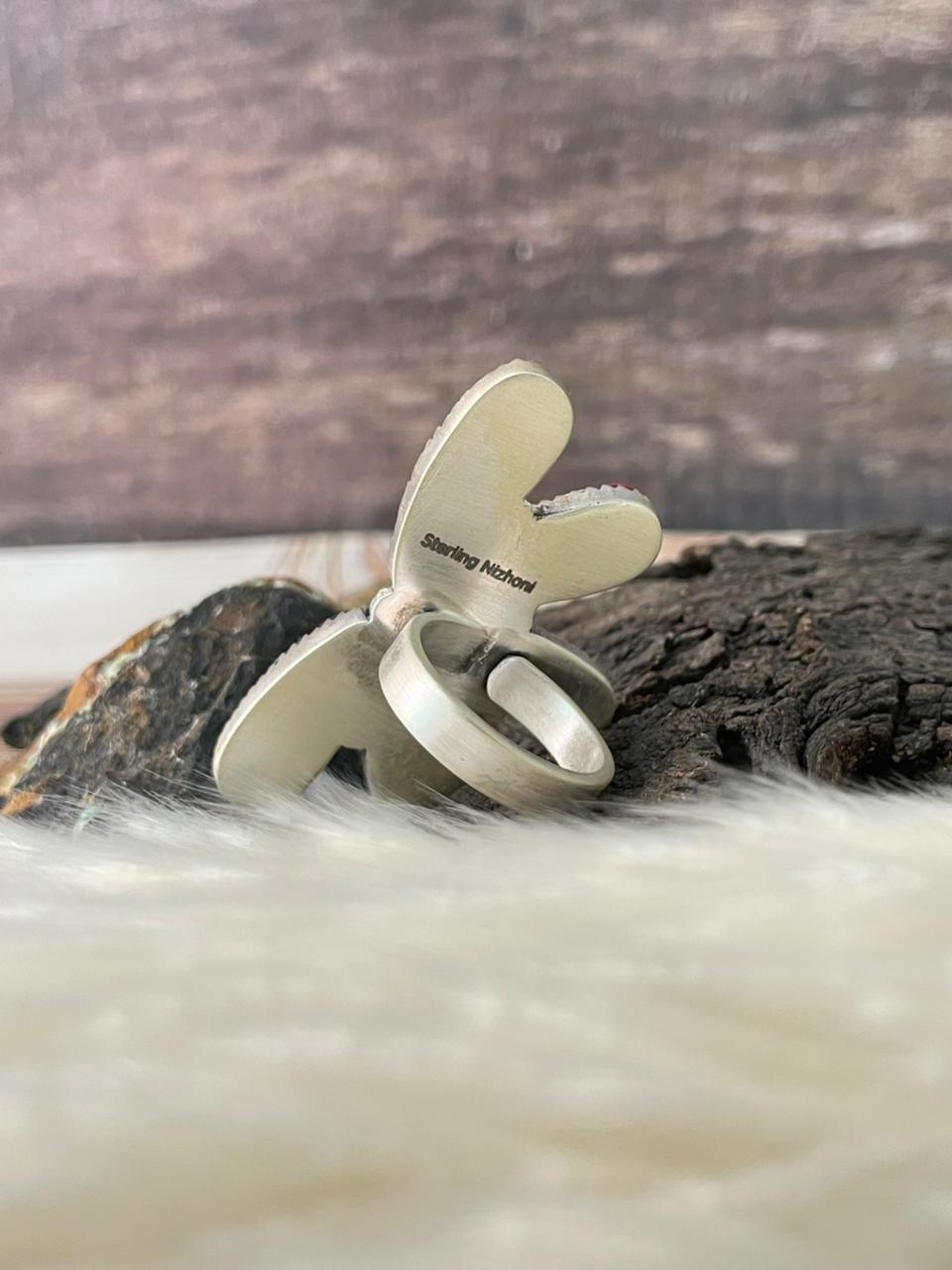 Handmade Sterling Silver 4th Of July Collection: Rosarita with Lapis and White Buffalo Adjustable Ring "Signed Nizhoni"