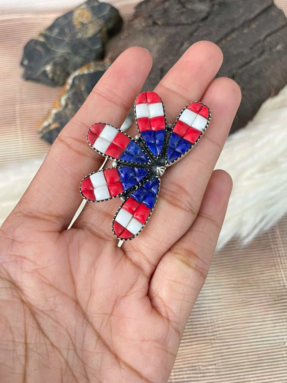Handmade Sterling Silver 4th Of July Collection: Rosarita with Lapis and White Buffalo Adjustable Ring "Signed Nizhoni"