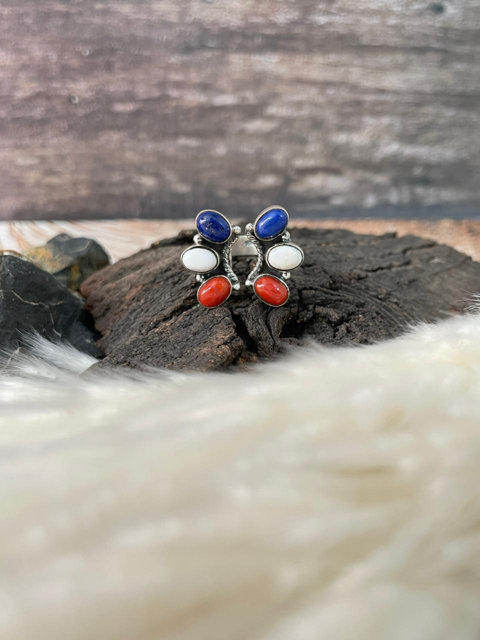 Handmade Sterling Silver 4th Of July Collection: Coral with Lapis and White Buffalo Adjustable Ring "Signed Nizhoni" (8)