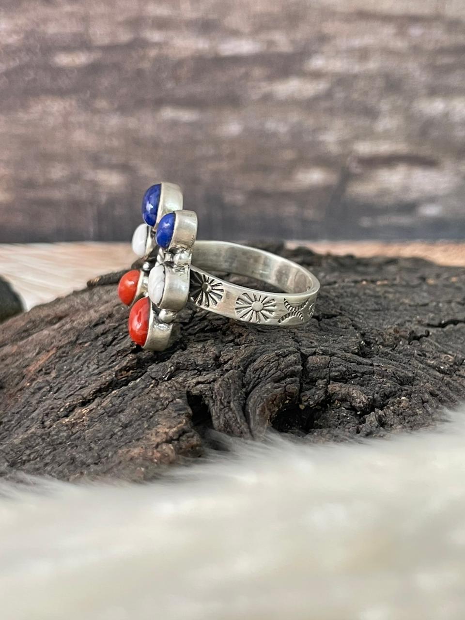 Handmade Sterling Silver 4th Of July Collection: Coral with Lapis and White Buffalo Adjustable Ring "Signed Nizhoni" (8)
