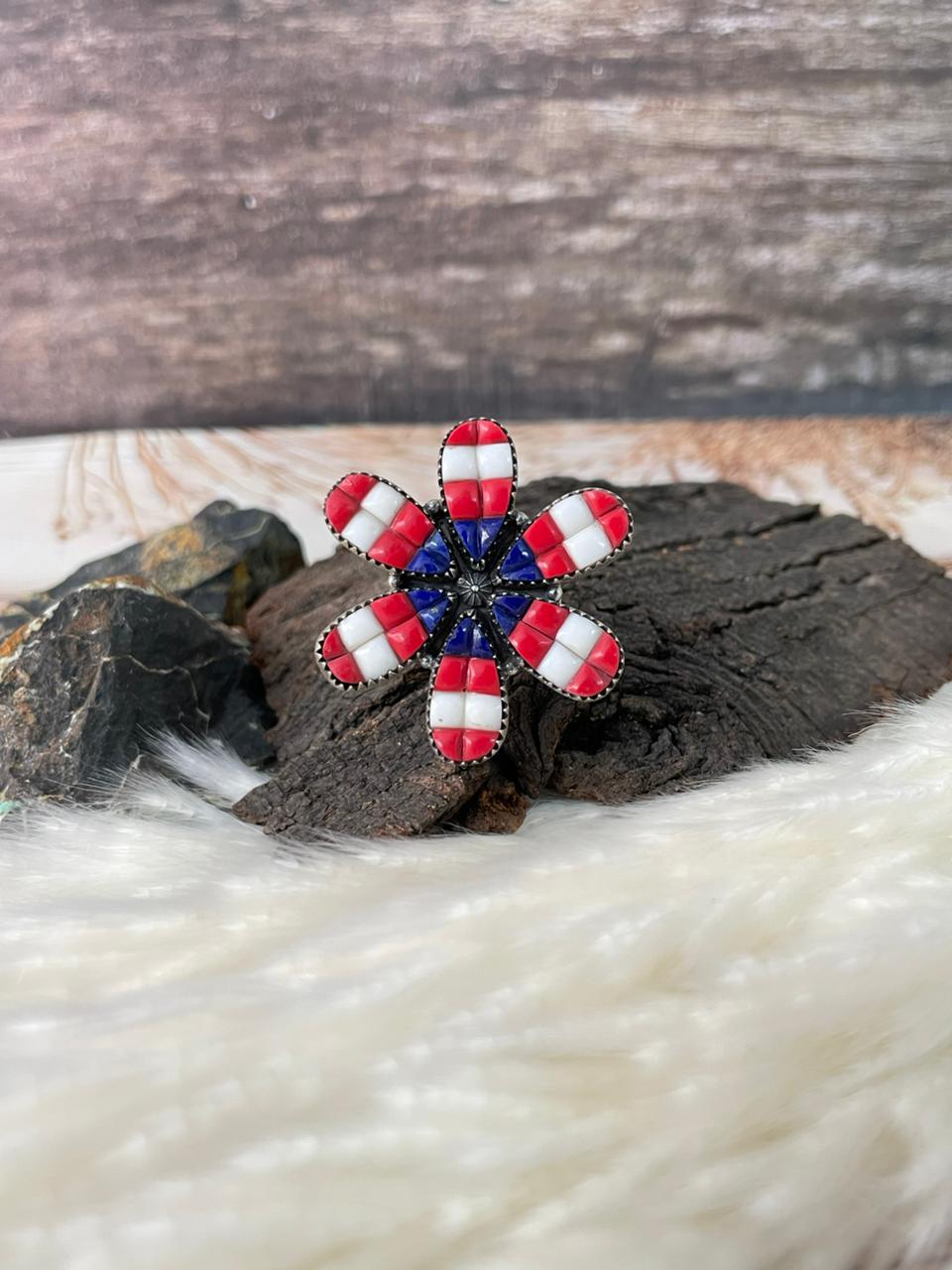 Handmade Sterling Silver 4th Of July Collection: Rosarita with Lapis and White Buffalo Adjustable Ring "Signed Nizhoni"