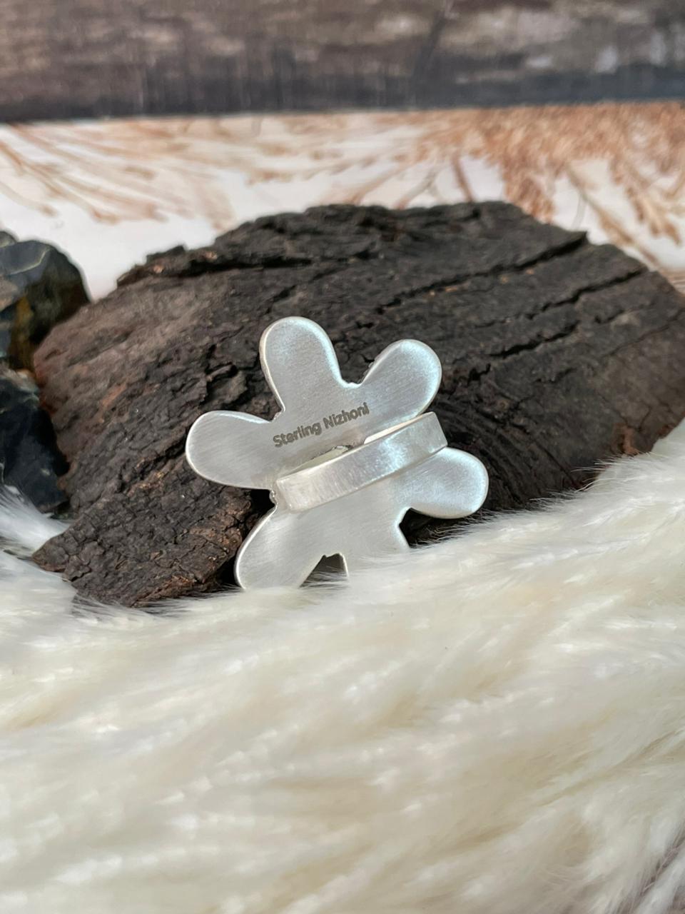 Handmade Sterling Silver 4th Of July Collection: Rosarita with Lapis and White Buffalo Adjustable Ring "Signed Nizhoni"