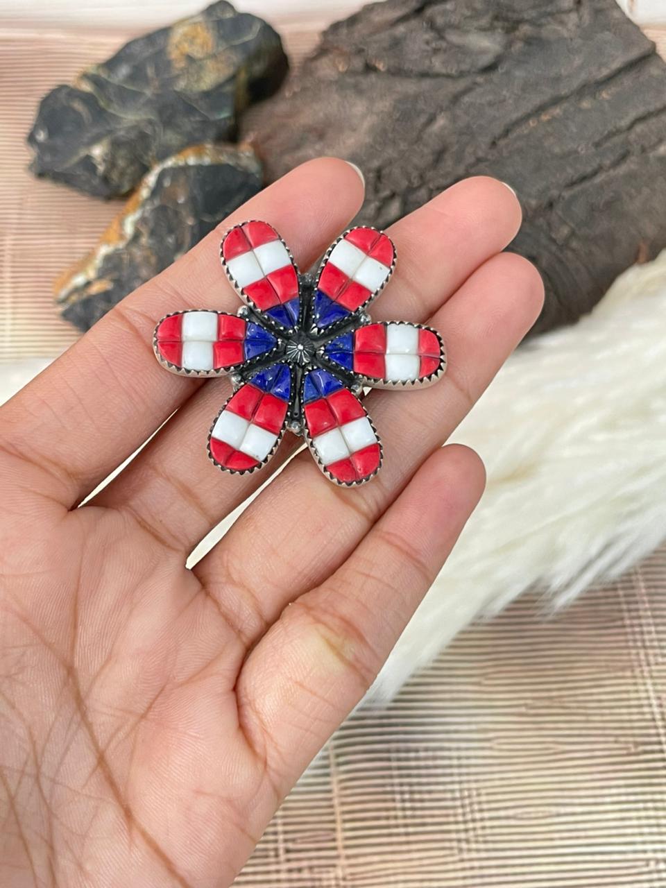 Handmade Sterling Silver 4th Of July Collection: Rosarita with Lapis and White Buffalo Adjustable Ring "Signed Nizhoni"
