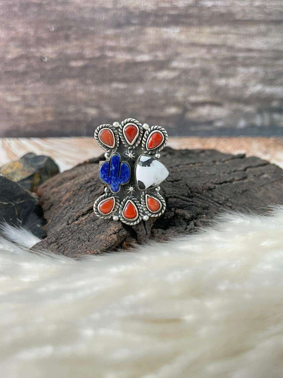 Handmade Sterling Silver 4th Of July Collection: Coral with Lapis and White Buffalo Adjustable Ring "Signed Nizhoni" (9)