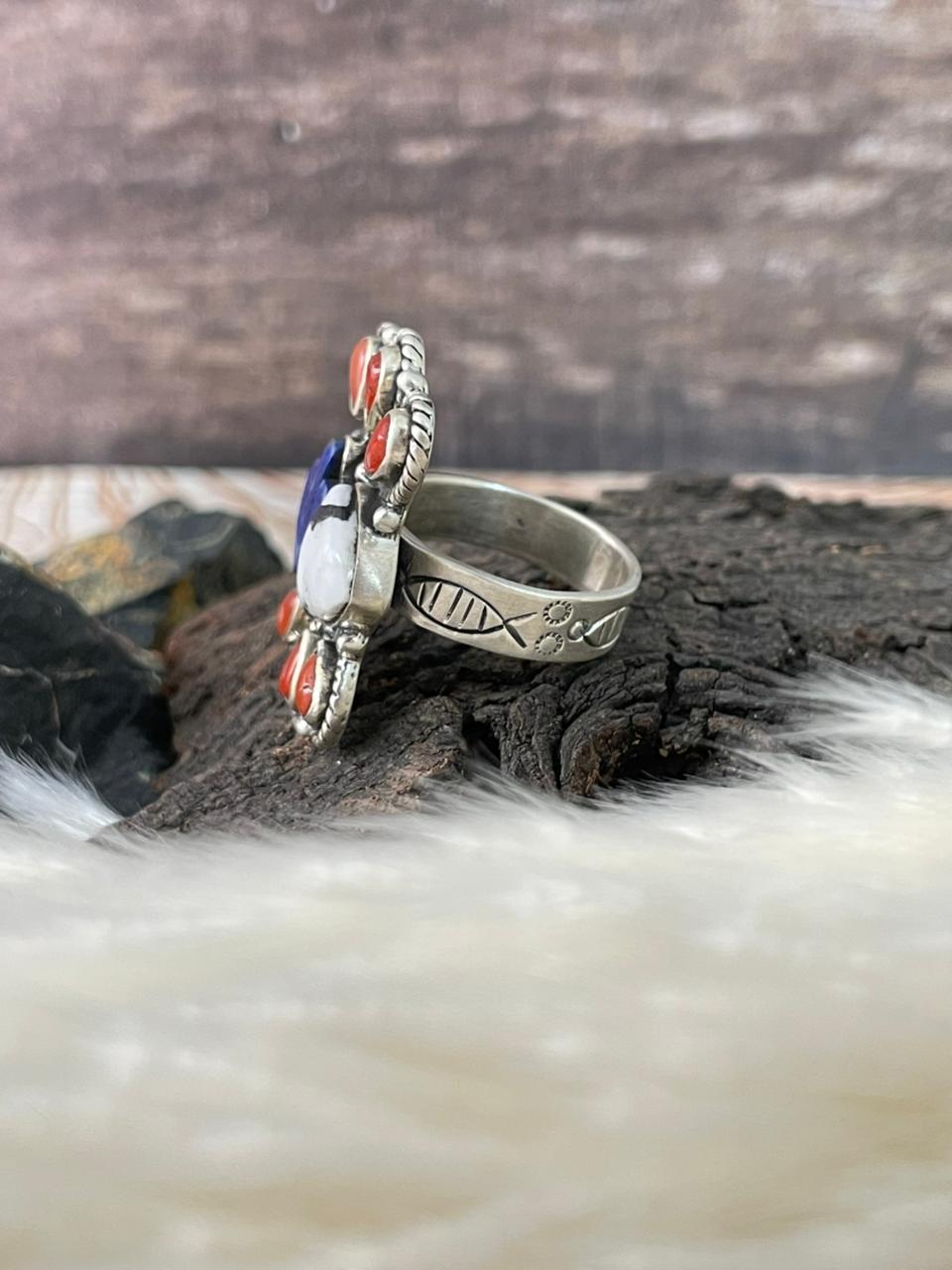 Handmade Sterling Silver 4th Of July Collection: Coral with Lapis and White Buffalo Adjustable Ring "Signed Nizhoni" (9)