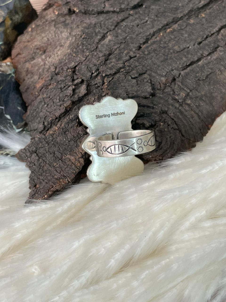 Handmade Sterling Silver 4th Of July Collection: Coral with Lapis and White Buffalo Adjustable Ring "Signed Nizhoni" (9)