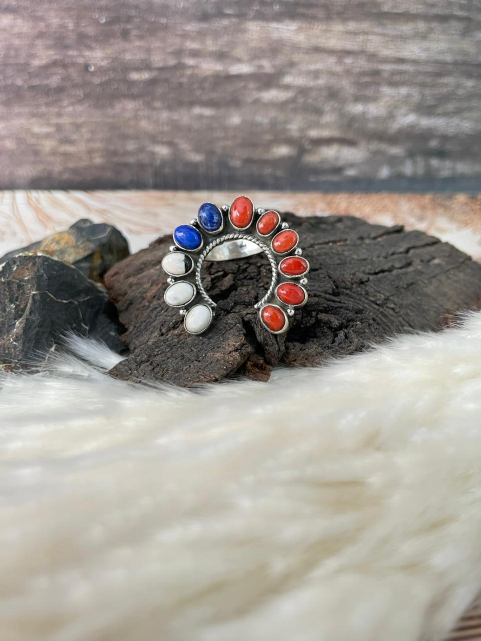 Handmade Sterling Silver 4th Of July Collection: Coral with Lapis and White Buffalo Naja Adjustable Ring "Signed Nizhoni" (3)