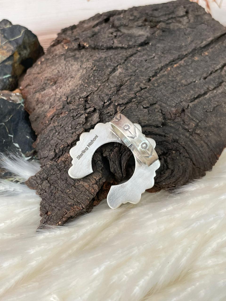 Handmade Sterling Silver 4th Of July Collection: Coral with Lapis and White Buffalo Naja Adjustable Ring "Signed Nizhoni" (3)