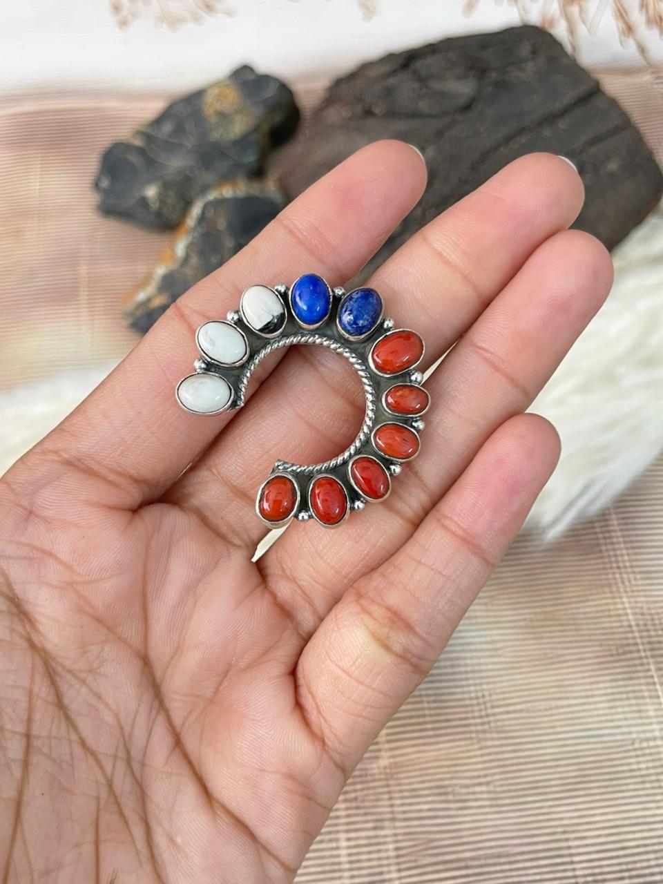 Handmade Sterling Silver 4th Of July Collection: Coral with Lapis and White Buffalo Naja Adjustable Ring "Signed Nizhoni" (3)