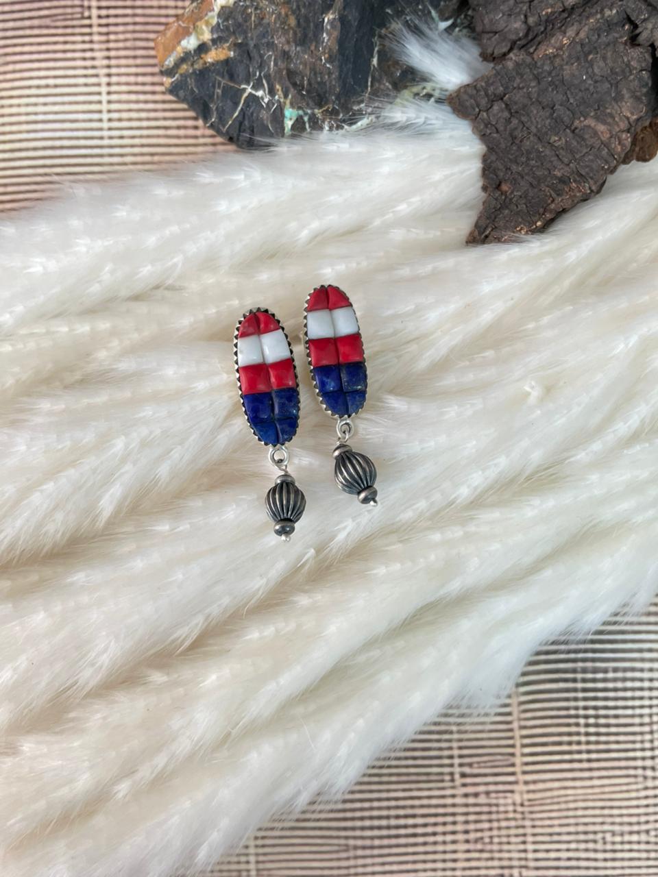 Handmade Sterling Silver 4th Of July Collection: Rosarita with Lapis and White Buffalo Post Dangle Earrings "Signed Nizhoni"