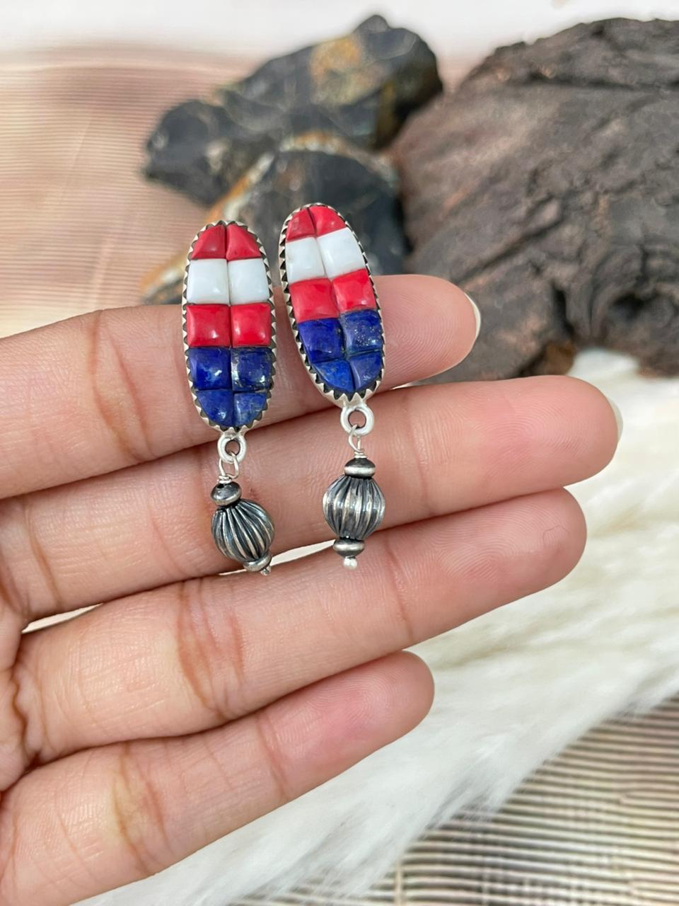 Handmade Sterling Silver 4th Of July Collection: Rosarita with Lapis and White Buffalo Post Dangle Earrings "Signed Nizhoni"