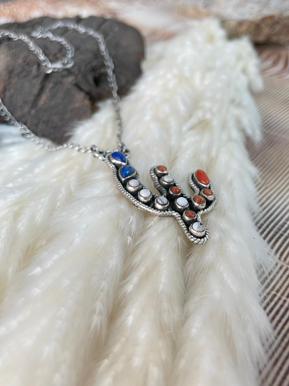 Handmade Sterling Silver 4th Of July Collection: Coral with Lapis and White Buffalo Saguaro Necklace "Signed Nizhoni"