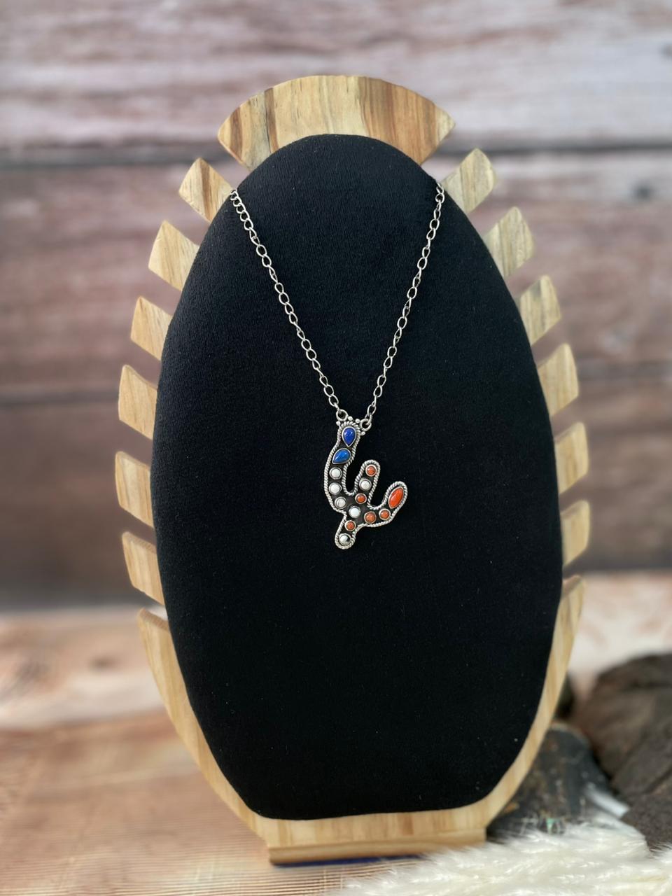 Handmade Sterling Silver 4th Of July Collection: Coral with Lapis and White Buffalo Saguaro Necklace "Signed Nizhoni"