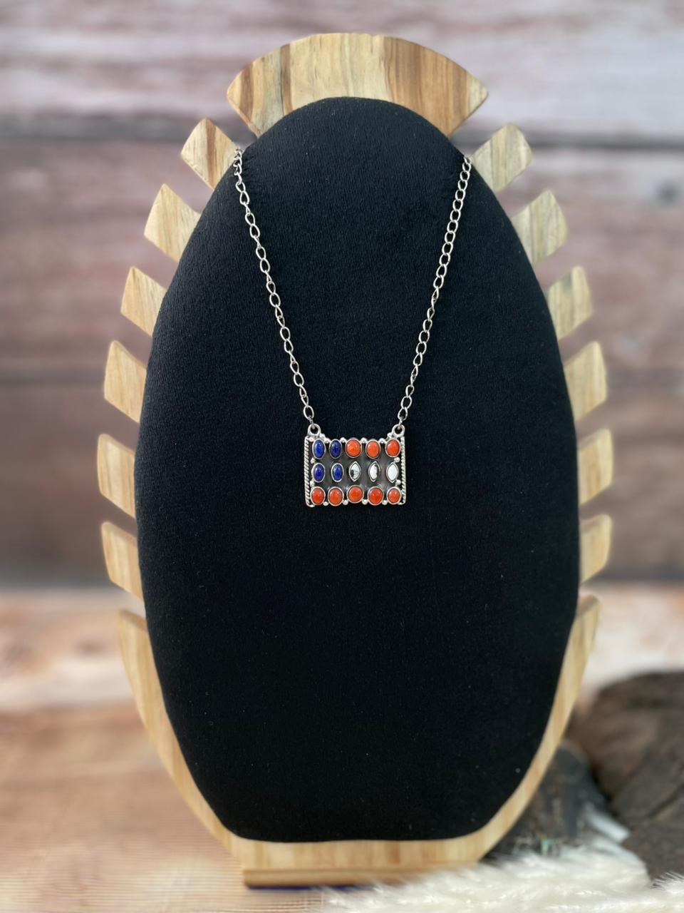 Handmade Sterling Silver 4th Of July Collection: Coral with Lapis and White Buffalo Bar Necklace "Signed Nizhoni"