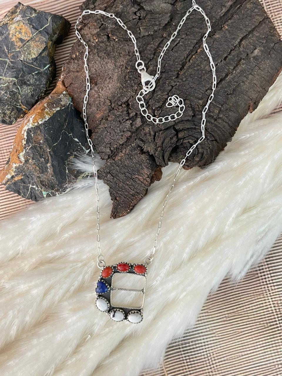Handmade Sterling Silver 4th Of July Collection: Coral with Lapis and White Buffalo Belt Buckle Necklace "Signed Nizhoni"
