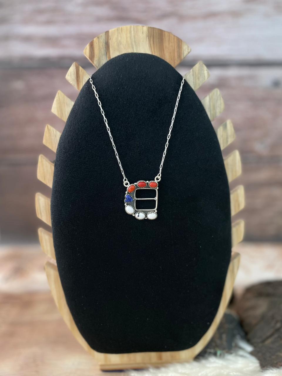 Handmade Sterling Silver 4th Of July Collection: Coral with Lapis and White Buffalo Belt Buckle Necklace "Signed Nizhoni"