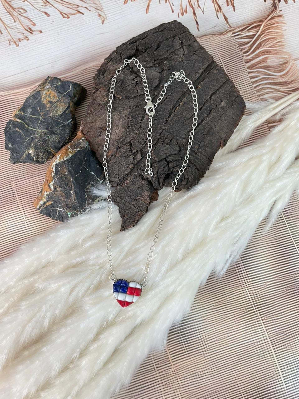 Handmade Sterling Silver 4th Of July Collection: Rosarita with Lapis and White Buffalo Heart Necklace "Signed Nizhoni"