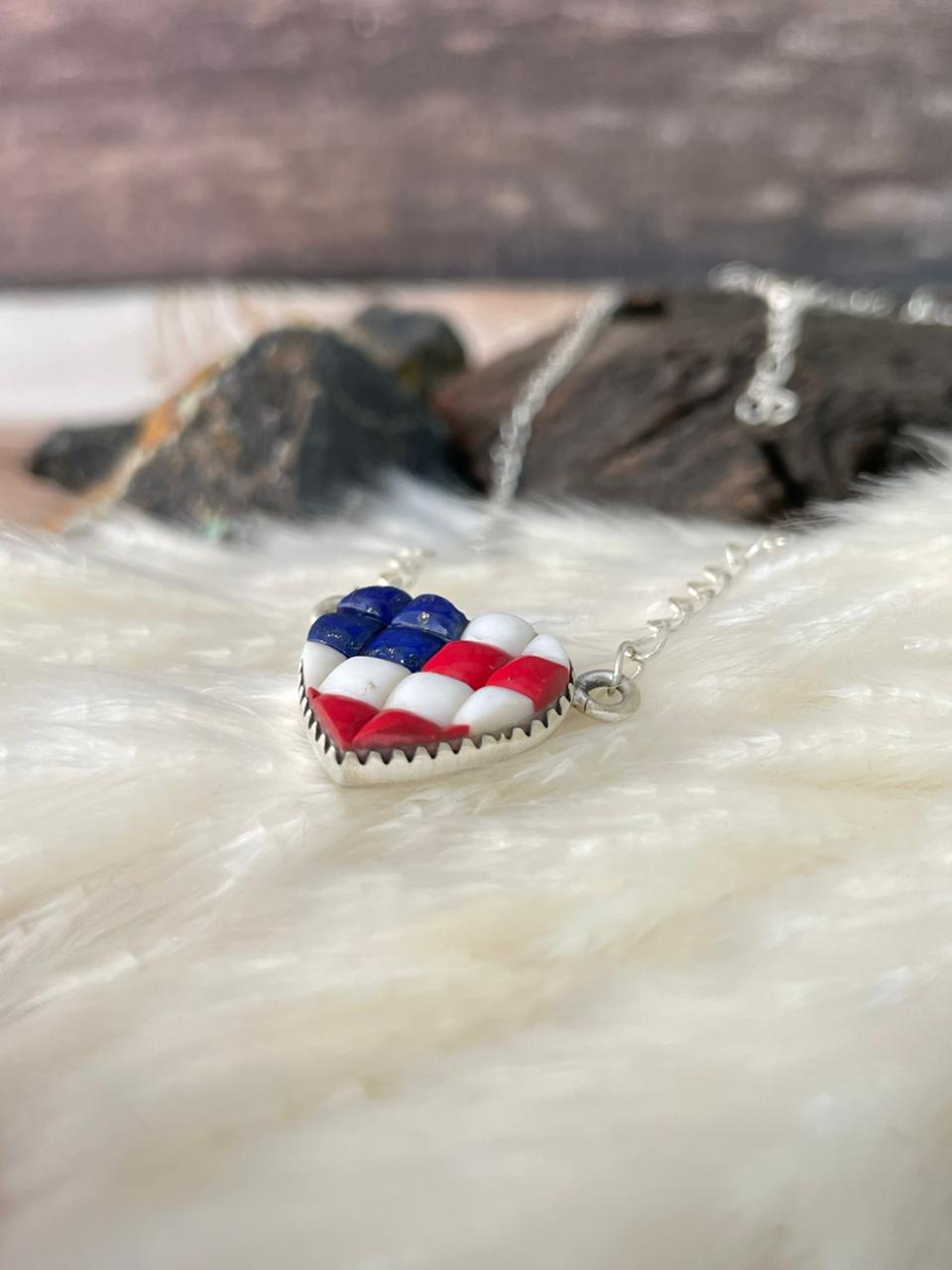Handmade Sterling Silver 4th Of July Collection: Rosarita with Lapis and White Buffalo Heart Necklace "Signed Nizhoni"