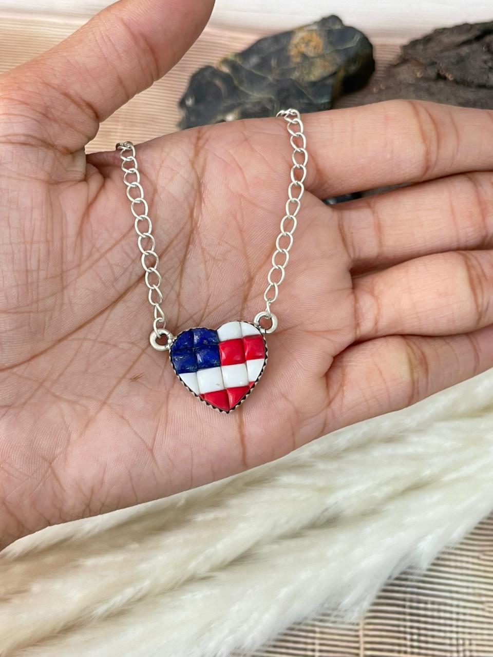 Handmade Sterling Silver 4th Of July Collection: Rosarita with Lapis and White Buffalo Heart Necklace "Signed Nizhoni"
