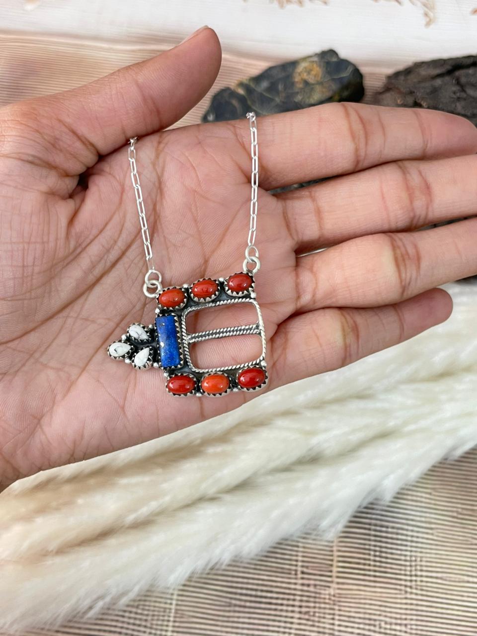 Handmade Sterling Silver 4th Of July Collection: Coral with Lapis and White Buffalo Bel Buckle Necklace "Signed Nizhoni"