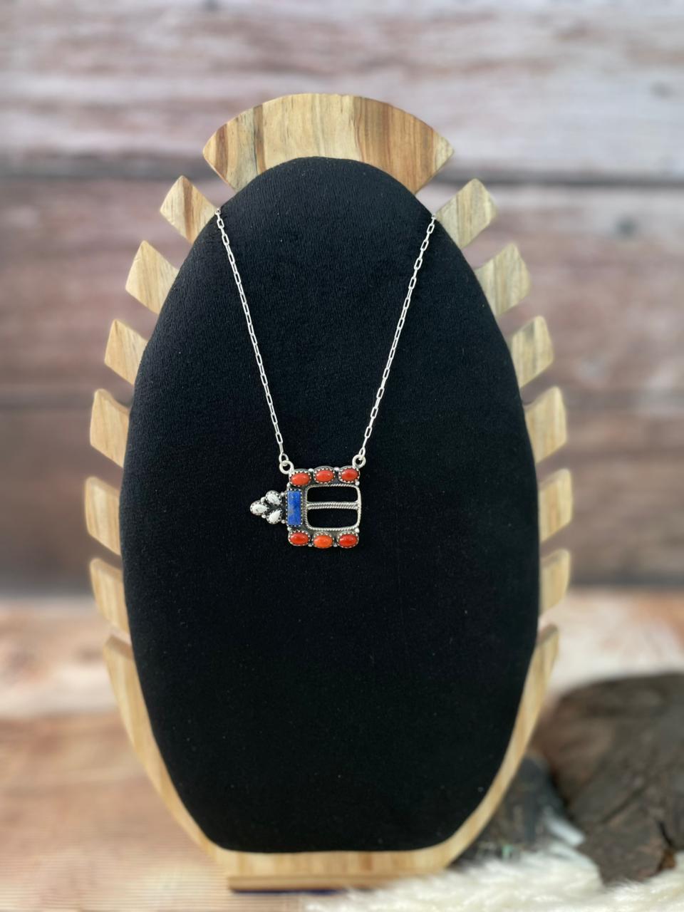 Handmade Sterling Silver 4th Of July Collection: Coral with Lapis and White Buffalo Bel Buckle Necklace "Signed Nizhoni"