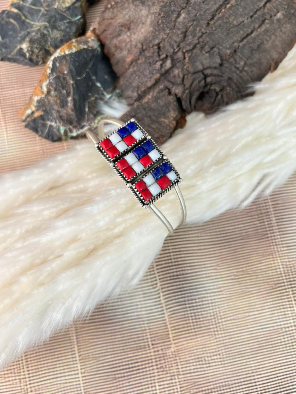 Handmade Sterling Silver 4th Of July Collection: Rosarita with Lapis and White Buffalo Cuff Bar Bracelet "Signed Nizhoni"
