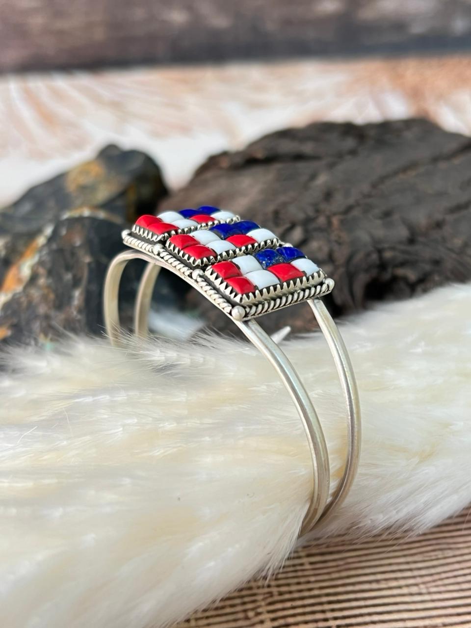 Handmade Sterling Silver 4th Of July Collection: Rosarita with Lapis and White Buffalo Cuff Bar Bracelet "Signed Nizhoni"