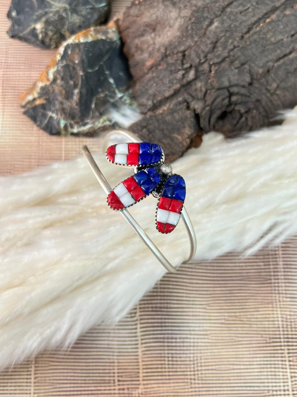 Handmade Sterling Silver 4th Of July Collection: Rosarita with Lapis and White Buffalo Cuff Bracelet "Signed Nizhoni"