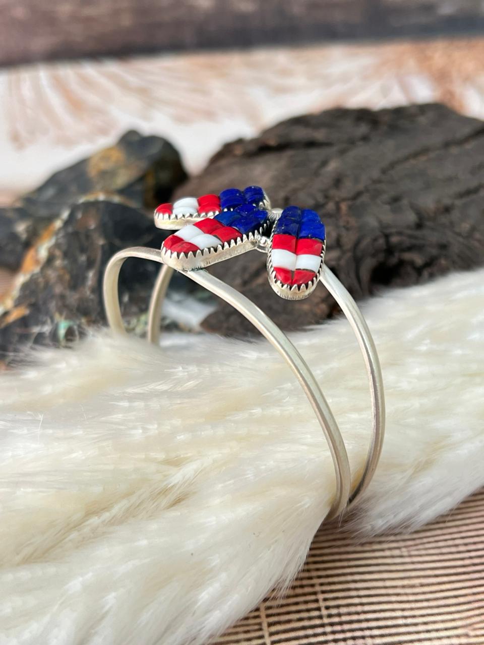 Handmade Sterling Silver 4th Of July Collection: Rosarita with Lapis and White Buffalo Cuff Bracelet "Signed Nizhoni"