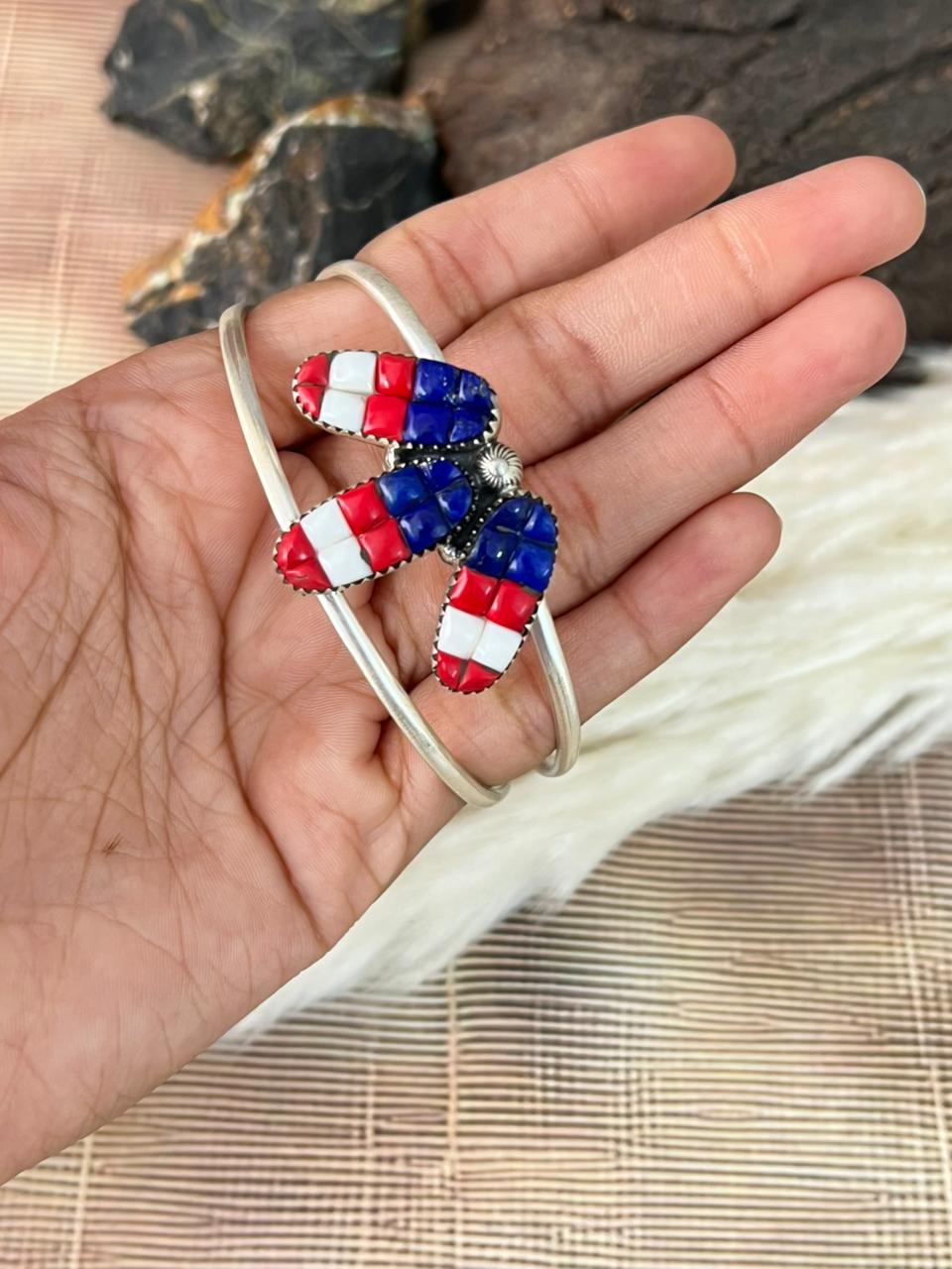 Handmade Sterling Silver 4th Of July Collection: Rosarita with Lapis and White Buffalo Cuff Bracelet "Signed Nizhoni"