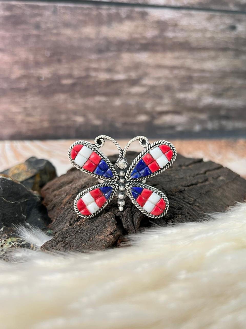 Handmade Sterling Silver 4th Of July Collection: Rosarita with Lapis and White Buffalo Butterfly Adjustable Ring "Signed Nizhoni"