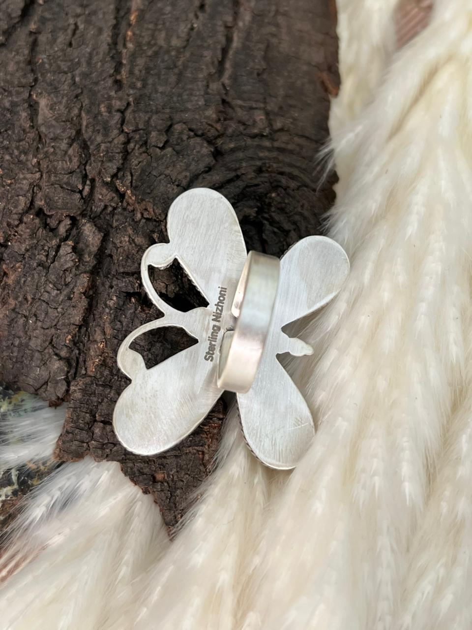 Handmade Sterling Silver 4th Of July Collection: Rosarita with Lapis and White Buffalo Butterfly Adjustable Ring "Signed Nizhoni"