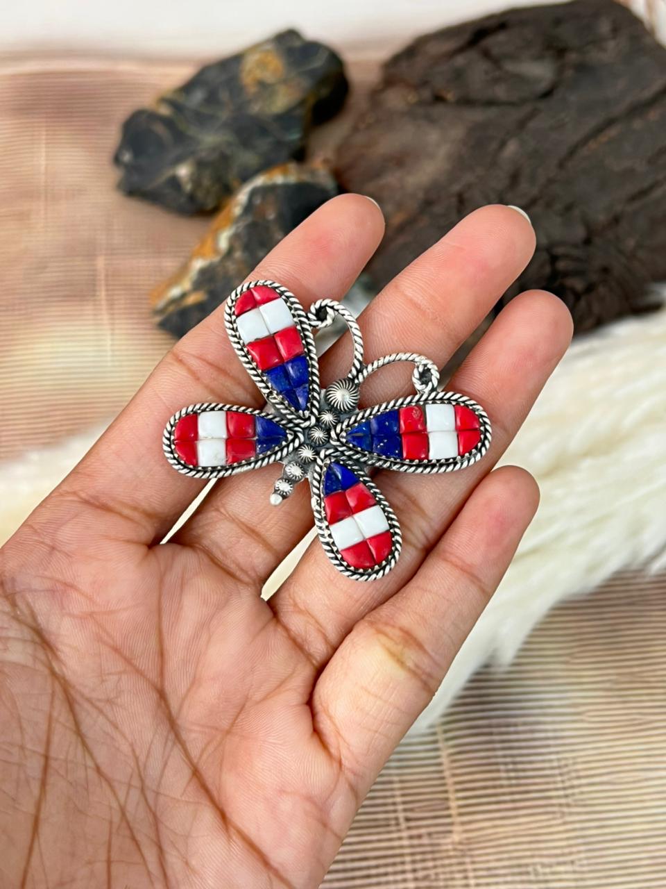 Handmade Sterling Silver 4th Of July Collection: Rosarita with Lapis and White Buffalo Butterfly Adjustable Ring "Signed Nizhoni"